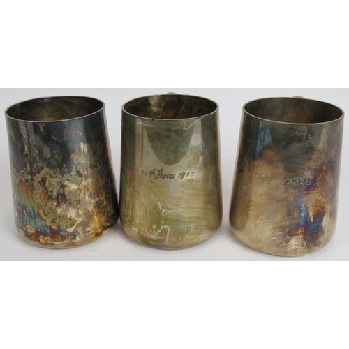 123 - Three heavy quality WW2 era silver plated pint mugs, each engraved 12th June 1940, all stamped with ... 