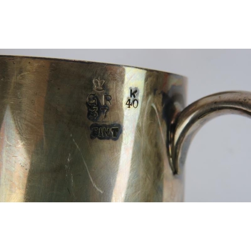 123 - Three heavy quality WW2 era silver plated pint mugs, each engraved 12th June 1940, all stamped with ... 