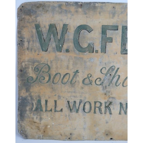 13 - A hand sign-written tin sign for W.G. Feaver, Boot and Shoe Repairs with 'Ghost' sign of a factory o... 