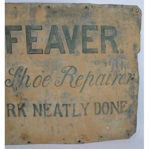 13 - A hand sign-written tin sign for W.G. Feaver, Boot and Shoe Repairs with 'Ghost' sign of a factory o... 