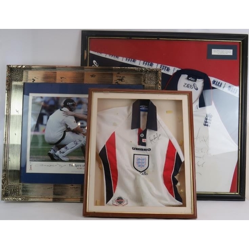 133 - A framed England cricket shirt signed by the 1998 West Indies England Touring Squad, a signed Ashes ... 