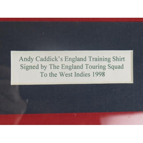 133 - A framed England cricket shirt signed by the 1998 West Indies England Touring Squad, a signed Ashes ... 