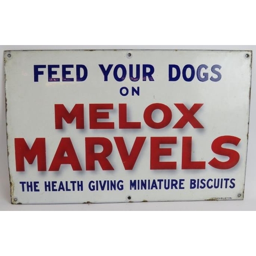 14 - A vintage Bilston enamel sign for Melox Marvels dog biscuits. 56cm x 35cm.
Condition report: Age rel... 