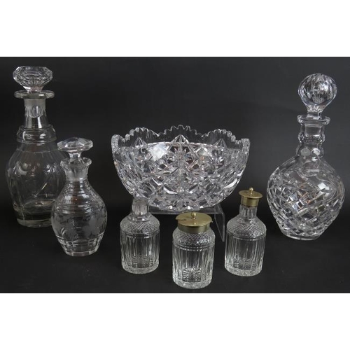 145 - Two 19th century cut glass decanters, a 20th century decanter, three cut glass cruet bottles and a h... 