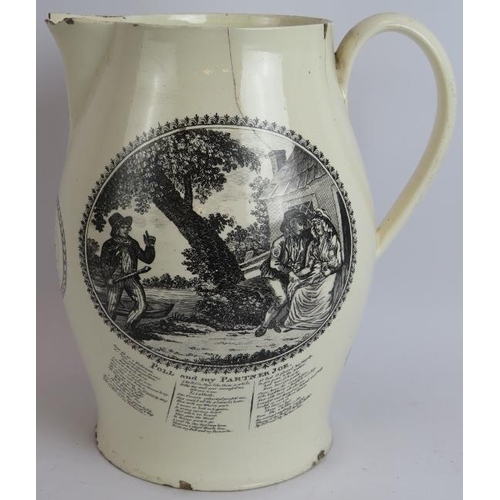 154 - A large 19th century Staffordshire creamware pitcher, transfer printed with 'The Honest Fellow' and ... 