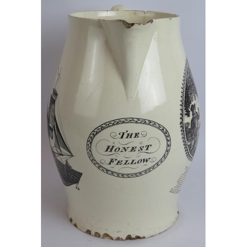 154 - A large 19th century Staffordshire creamware pitcher, transfer printed with 'The Honest Fellow' and ... 