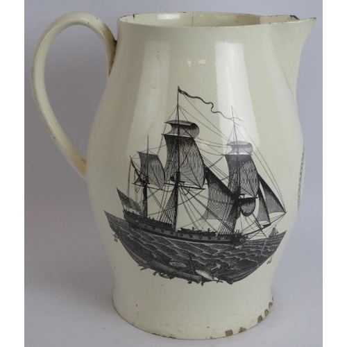 154 - A large 19th century Staffordshire creamware pitcher, transfer printed with 'The Honest Fellow' and ... 