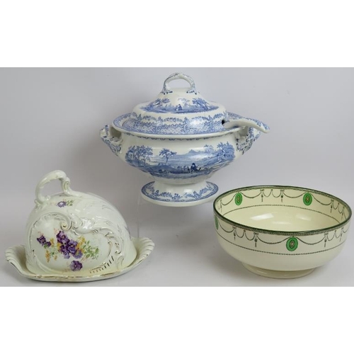 160 - A large 19th century blue and white soup tureen with ladle, a Doulton Burslem covered cheese dish an... 