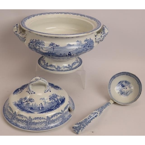 160 - A large 19th century blue and white soup tureen with ladle, a Doulton Burslem covered cheese dish an... 