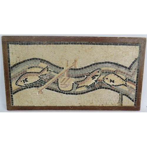 169 - An oak framed Roman style mosaic depicting fish & a river. 54cm x 29cm.
Condition report: Age relate... 