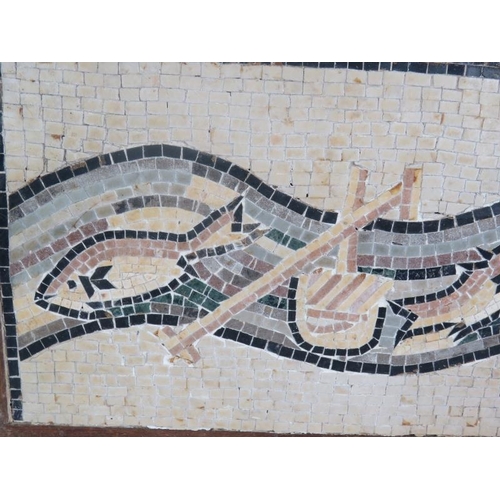 169 - An oak framed Roman style mosaic depicting fish & a river. 54cm x 29cm.
Condition report: Age relate... 