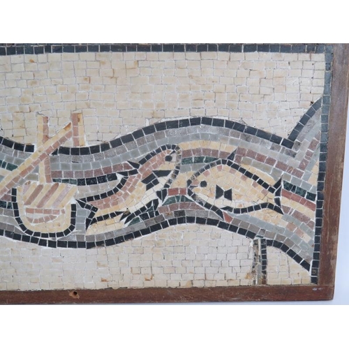 169 - An oak framed Roman style mosaic depicting fish & a river. 54cm x 29cm.
Condition report: Age relate... 