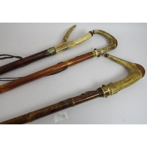 172 - Three hand crafted walking staffs, each with antler handles and decorated with Scottish metal plaque... 