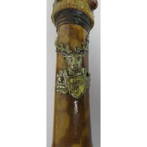 172 - Three hand crafted walking staffs, each with antler handles and decorated with Scottish metal plaque... 