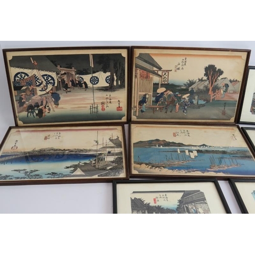 174 - Two sets of vintage Japanese wood block prints, one set after Hiroshige Ando. All framed and glazed.... 