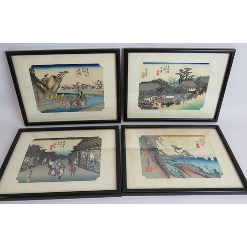 174 - Two sets of vintage Japanese wood block prints, one set after Hiroshige Ando. All framed and glazed.... 