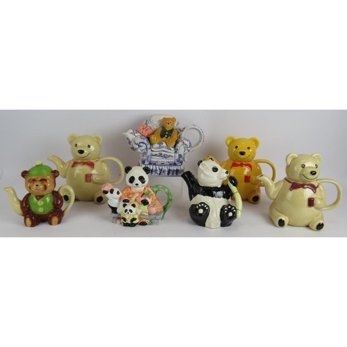 179 - Seven bear and panda themed novelty teapots including one Beswick and one by Tony Wood. Tallest 19cm... 