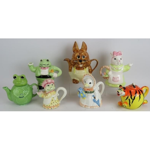 180 - Seven novelty teapots formed as various animals including frogs, rabbit, mouse, duck and tiger. Tall... 