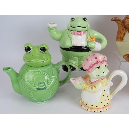 180 - Seven novelty teapots formed as various animals including frogs, rabbit, mouse, duck and tiger. Tall... 