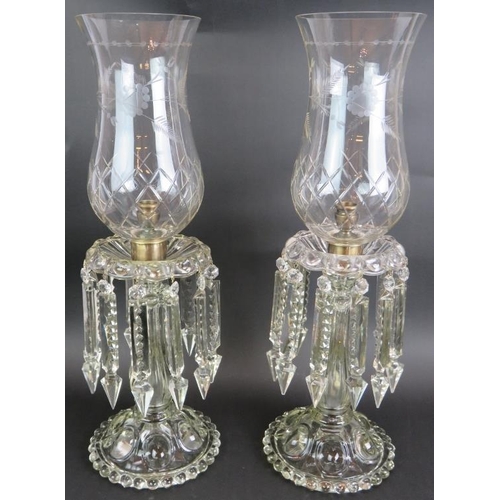 190 - A large pair of vintage glass table lustres with engraved glass shades, cut glass drops and pressed ... 