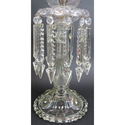 190 - A large pair of vintage glass table lustres with engraved glass shades, cut glass drops and pressed ... 