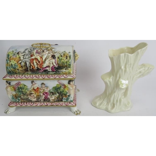 204 - A selection of decorative ceramics including a Capodimonte casket, Lladro figurine, Belleek vase, fi... 