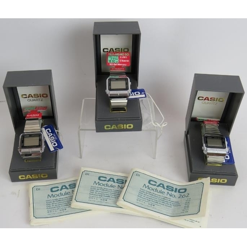 21 - Three 1980s Casio Telememo DB510 digital watches, brand new old stock, original packaging, paperwork... 