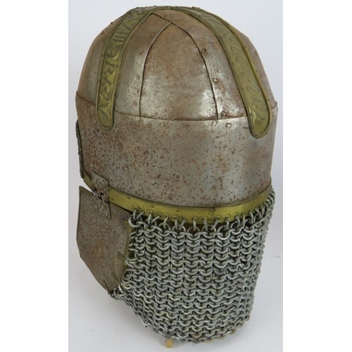 243 - A replica steel English civil war lobster tailed helmet and a similar chain mail backed Viking helme... 