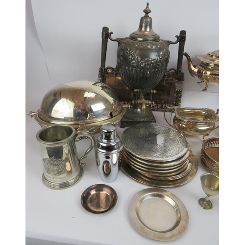 247 - A mixed lot of mainly silver plated wares including a samovar, tea set, sauce boats, place mats, dis... 