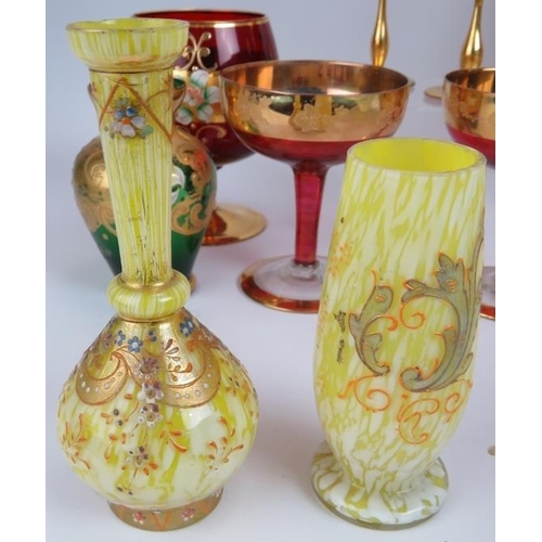 249 - A mixed lot of highly decorated glassware including wine glasses, coupes, lemonade set, vases and a ... 