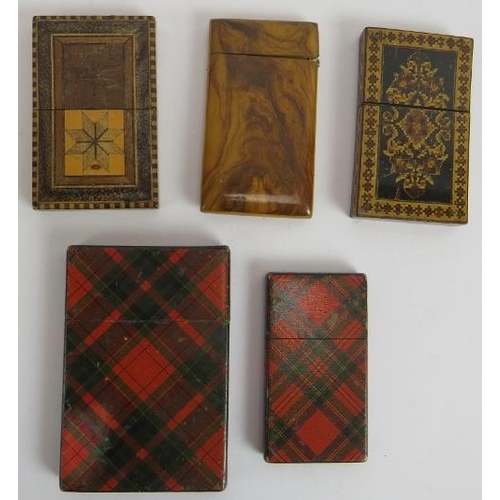 251 - Five 19th century card cases including a Tunbridge Ware example, two Tartan Ware examples, a Mauchli... 