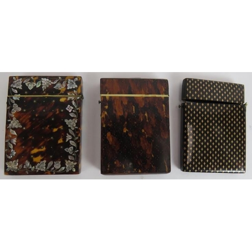 261 - Three 19th century inlaid tortoiseshell card cases, one with yellow metal cartouche and multiple cro... 