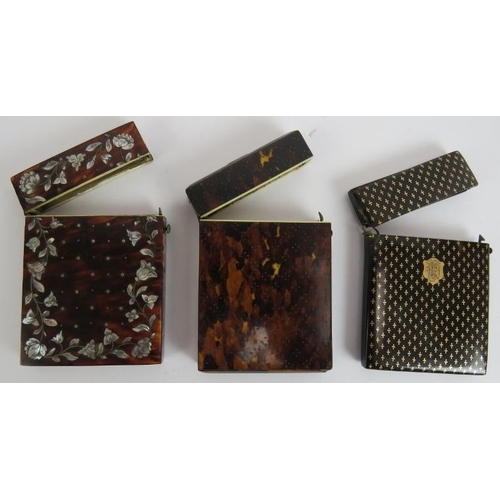 261 - Three 19th century inlaid tortoiseshell card cases, one with yellow metal cartouche and multiple cro... 