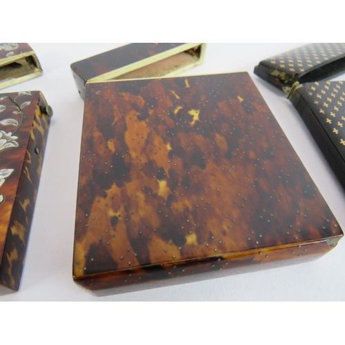 261 - Three 19th century inlaid tortoiseshell card cases, one with yellow metal cartouche and multiple cro... 