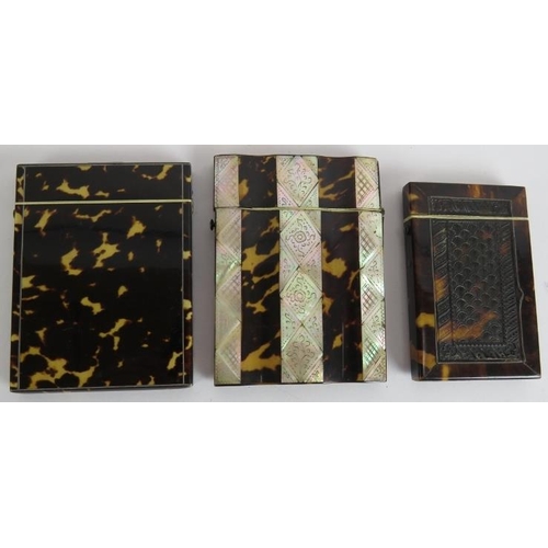 262 - Three 19th century tortoiseshell card cases, one with mother of pearl insets, one with intricately c... 