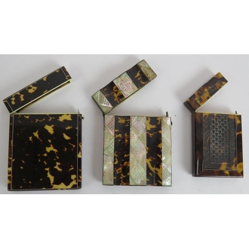 262 - Three 19th century tortoiseshell card cases, one with mother of pearl insets, one with intricately c... 