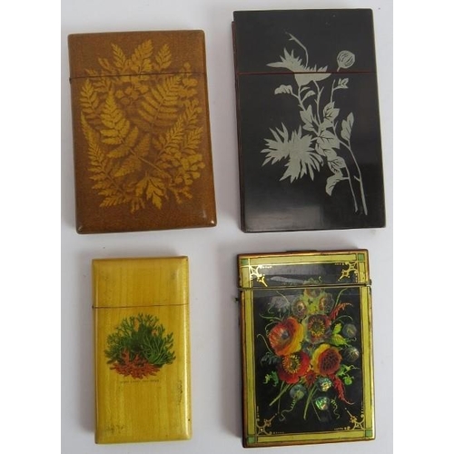 264 - Four antique card cases including a Mauchline Ware example, a Fern Ware example, an inlaid lacquer e... 