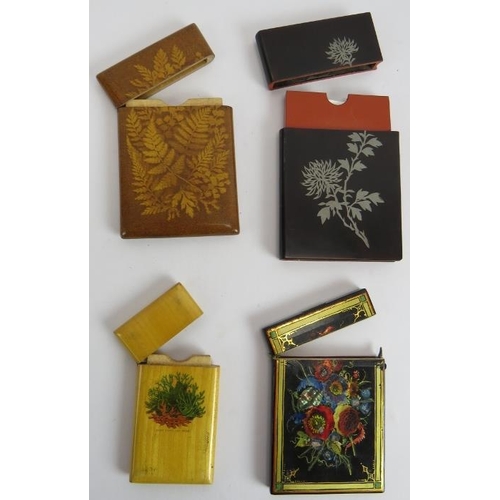 264 - Four antique card cases including a Mauchline Ware example, a Fern Ware example, an inlaid lacquer e... 