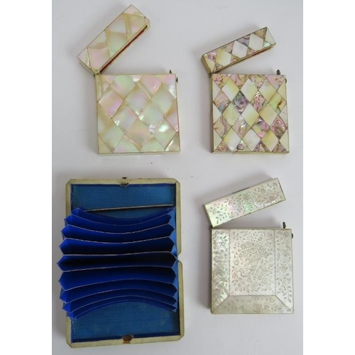 266 - Four 19th century mother of pearl card cases, one with carved decoration, one with white metal carto... 