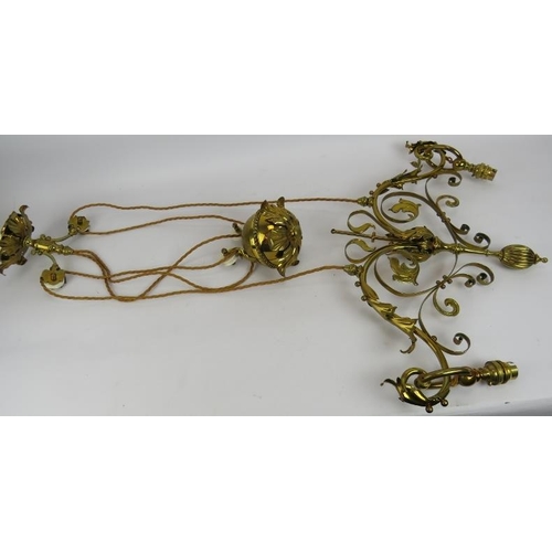 288 - A period brass Art Nouveau two lamp rise and fall ceiling light with acanthus leaf decoration. Width... 