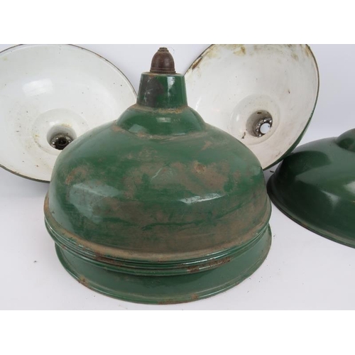 291 - 7 vintage industrial green enamel ceiling light shades with white interiors. Diameter 36cm. (14