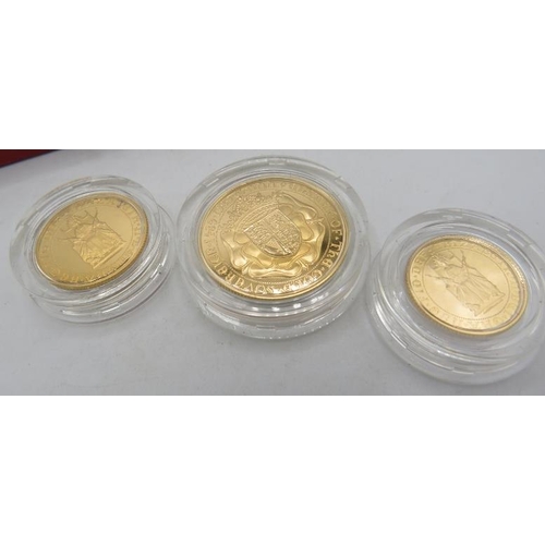 330 - A cased set of three '500th Anniversary 1489-1989 Gold Proof Sovereign Three-Coin Set'. Consisting o... 