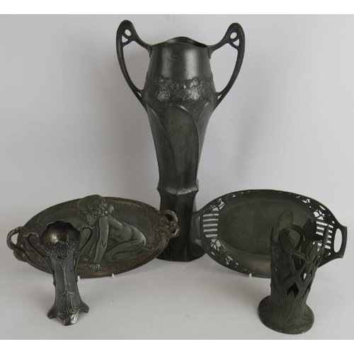 37 - Two Art nouveau WMF pewter dishes, one depicting a child and snail, a WMF two handled vase (no liner... 