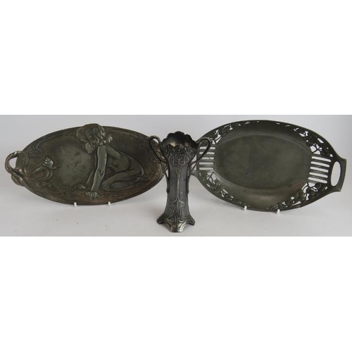 37 - Two Art nouveau WMF pewter dishes, one depicting a child and snail, a WMF two handled vase (no liner... 