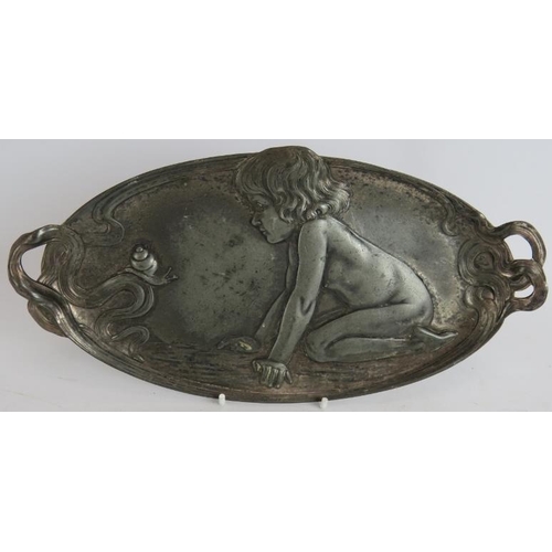 37 - Two Art nouveau WMF pewter dishes, one depicting a child and snail, a WMF two handled vase (no liner... 