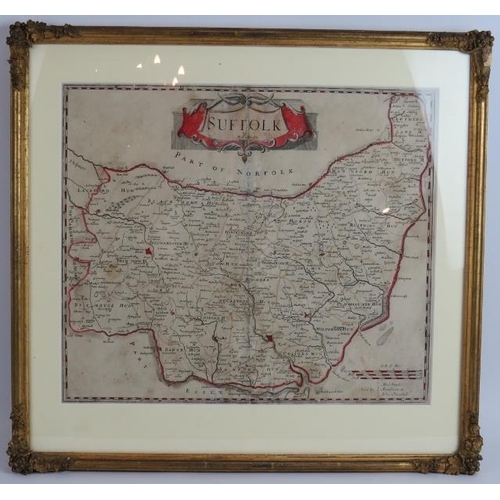 4 - A 17th century hand tinted map of Suffolk by Robert Morden, c1722, framed and glazed. Overall size 5... 