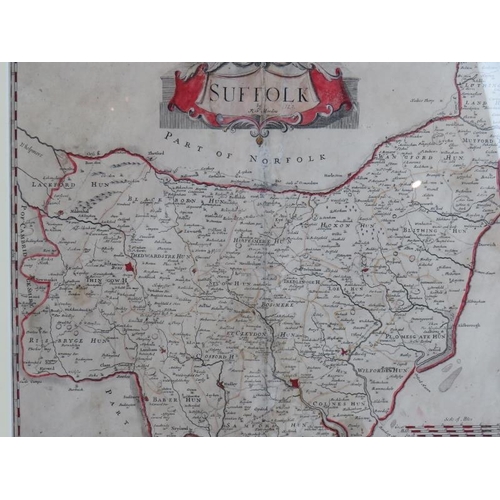 4 - A 17th century hand tinted map of Suffolk by Robert Morden, c1722, framed and glazed. Overall size 5... 