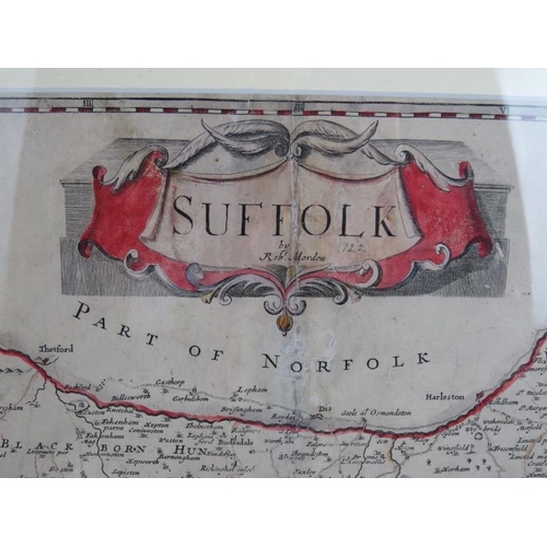 4 - A 17th century hand tinted map of Suffolk by Robert Morden, c1722, framed and glazed. Overall size 5... 