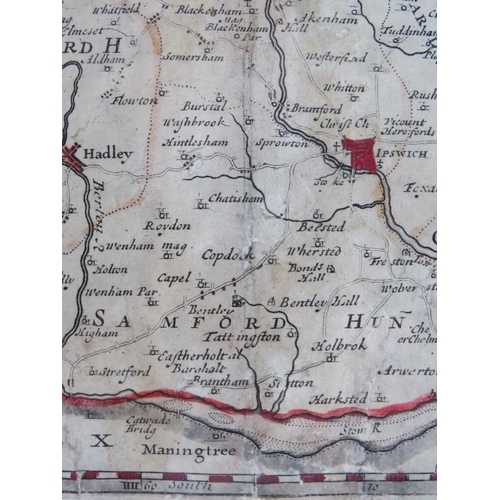 4 - A 17th century hand tinted map of Suffolk by Robert Morden, c1722, framed and glazed. Overall size 5... 