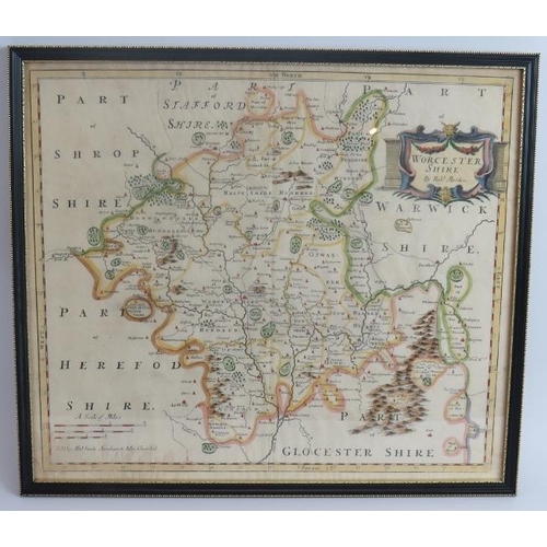 5 - A 17th century hand tinted map of Worcestershire by Robert Morden c1695. Framed and glazed 46cm x 40... 